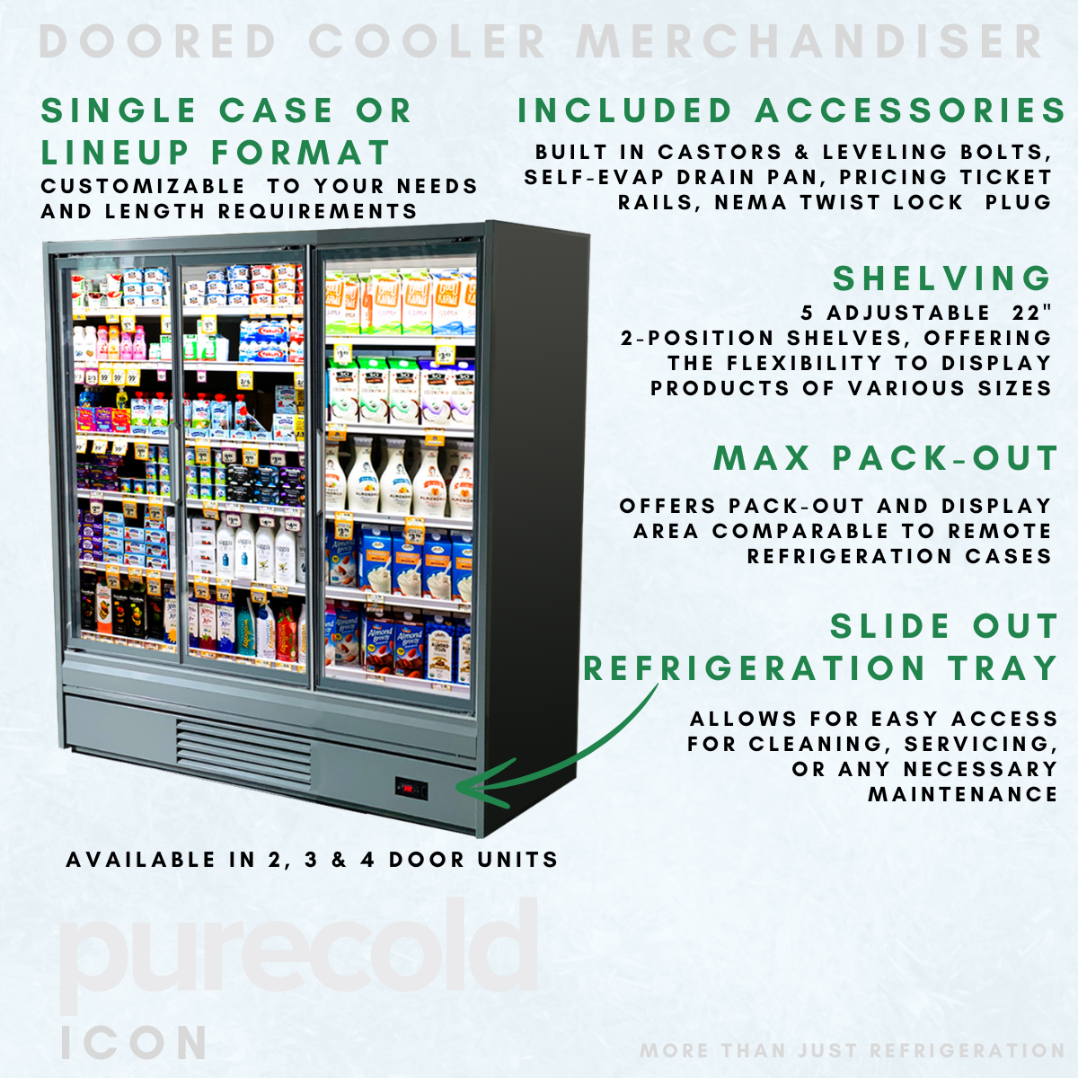 grey Purecold ICON Glass Door cooler infographic