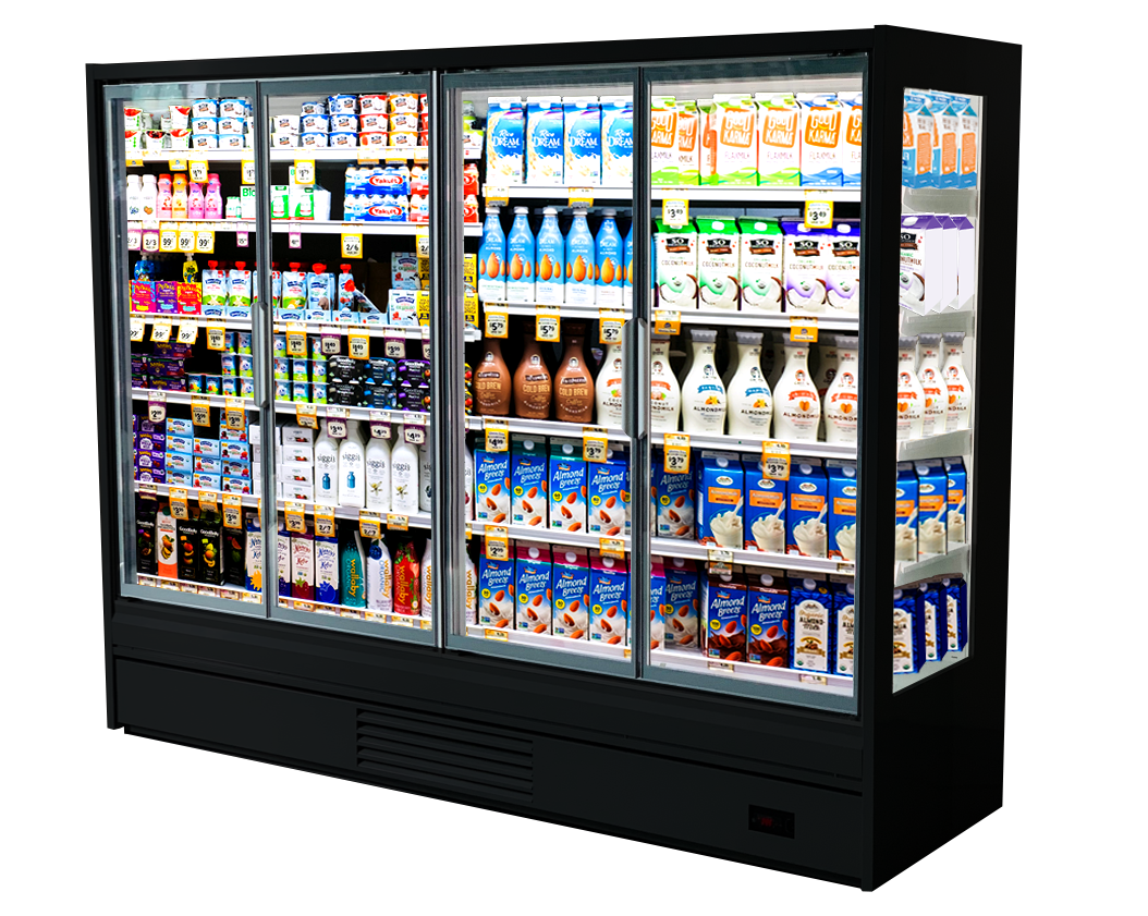 Black Purecold Icon 4-door cooler filled with dairy products