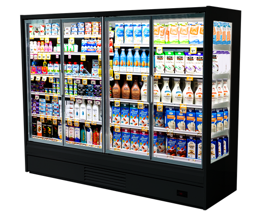 Black Purecold Icon 4-door cooler filled with dairy products