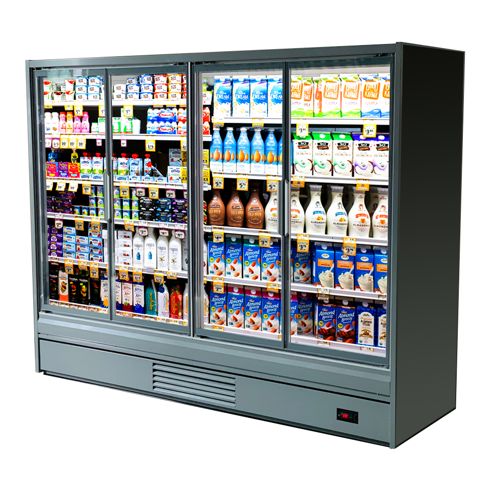 Grey 4-door Purecold Icon cooler filled with dairy products.
