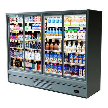 Grey 4-door Purecold Icon cooler filled with dairy products.